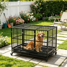 48" Heavy Duty Metal Dog Crate Kennel with Lockable Wheels Double Door Removable Tray Gray
